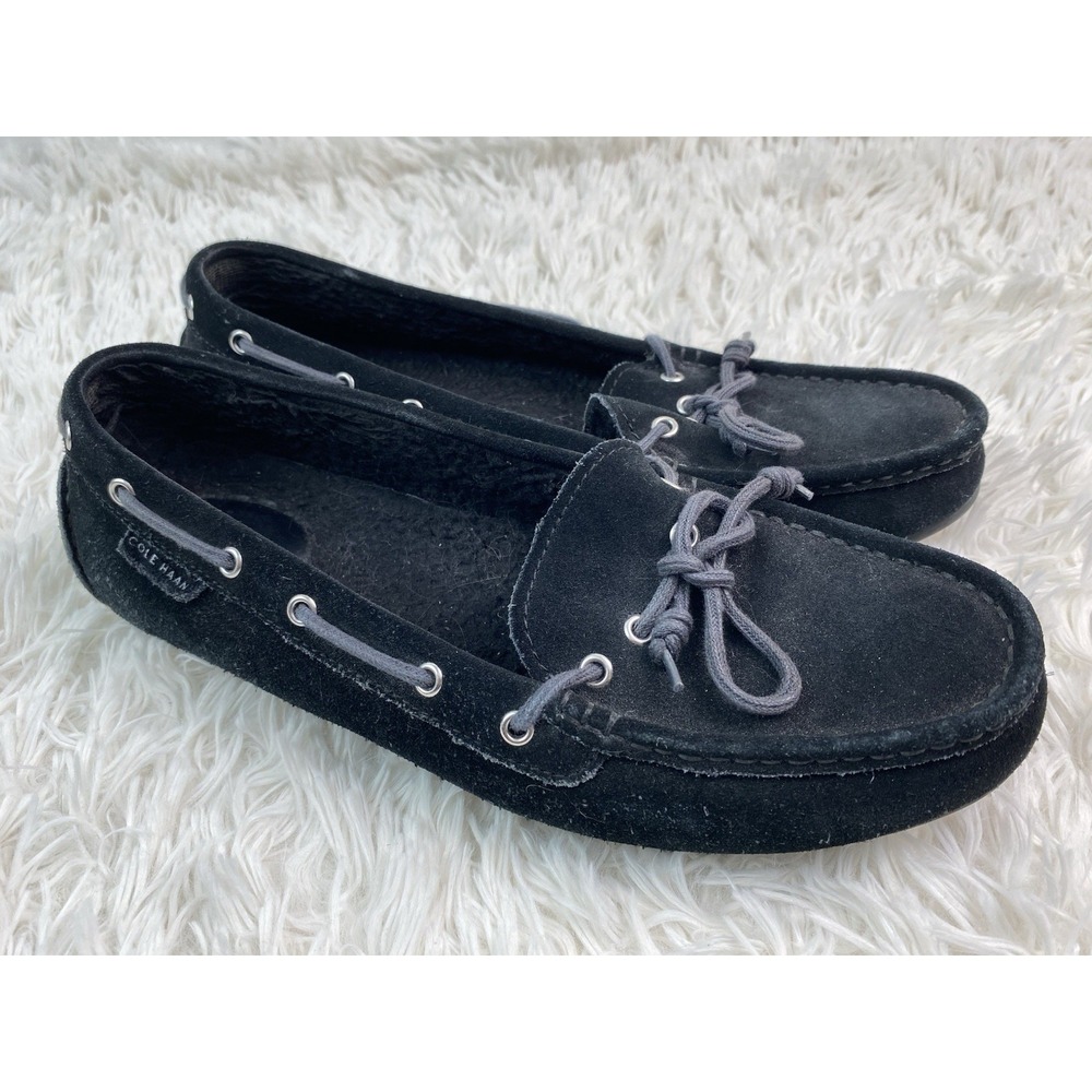 Cole Haan Women's 8B Black Suede Leather Faux Fur Lined Moccasin Slippers
